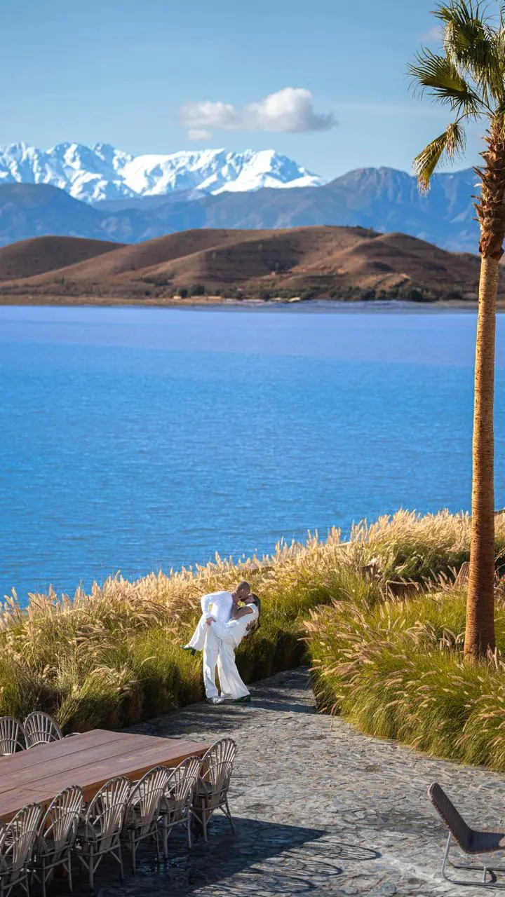 Romantic destination wedding ceremony at sunset near Marrakech and the Agafay Desert